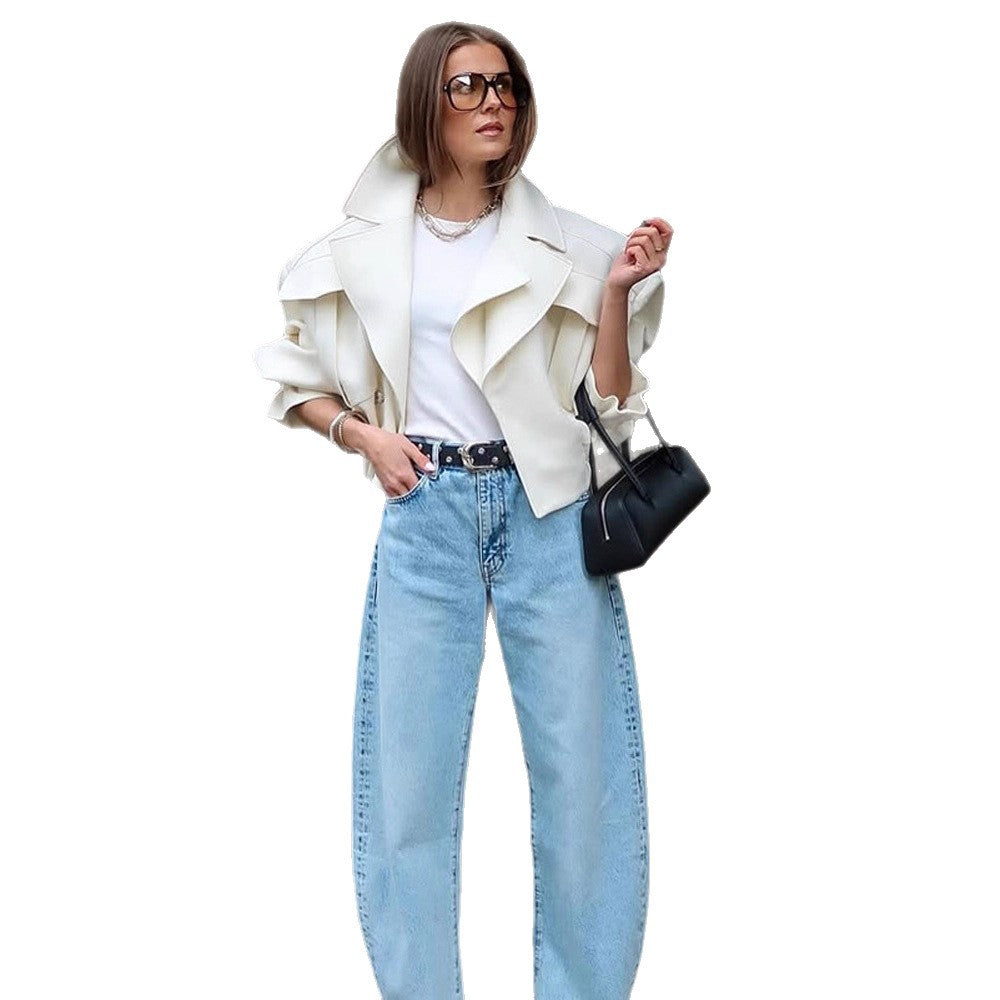Damen Oversize-Boxy-Blouson mit voluminösen Ärmeln und hochgeschnittener Bundfaltenhose Nord Taschen