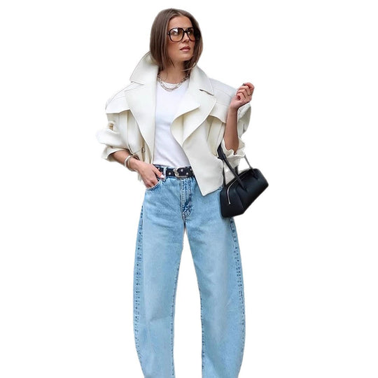 Damen Oversize-Boxy-Blouson mit voluminösen Ärmeln und hochgeschnittener Bundfaltenhose Nord Taschen