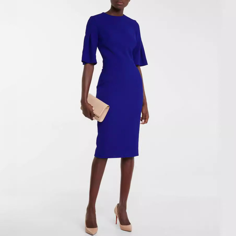 Damen Figurbetontes Midikleid mit Trompetenärmeln und Rundhalsausschnitt Nord Taschen