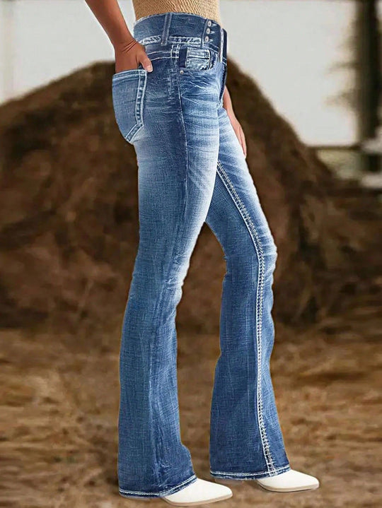Damen hochtaillierte Flared-Jeans mit seitlicher Ziernaht und sculptendem Stretchbund Nord Taschen