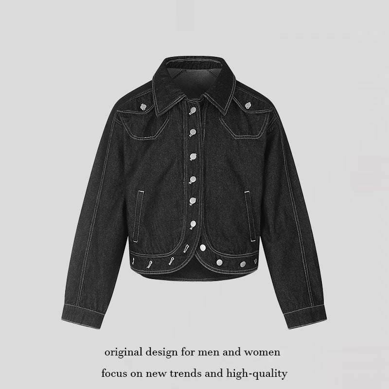 Damen Cropped Denim-Jacke im Western‑Look mit Kontrastnähten und Metall-Druckknöpfen Nord Taschen