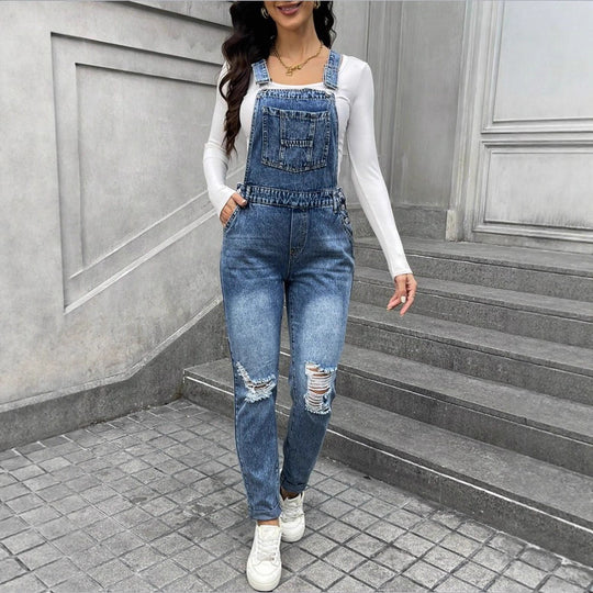 Damen Denim-Latzhose mit sculptendem High-Waist, seitlichen Zierknopfleisten und Ripped-Knieteil Nord Taschen
