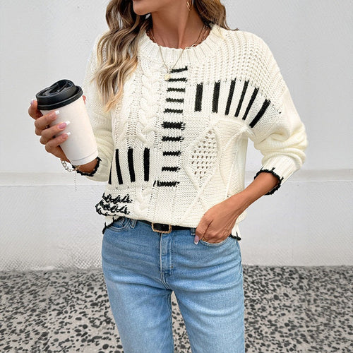 Damen Grobstrick-Pullover mit Zopfmuster, Ajour‑Details und kontrastierenden Streifen Nord Taschen