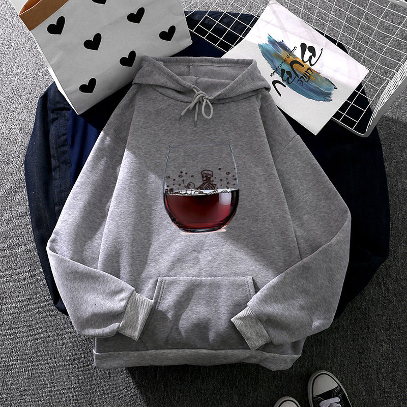 Damen nan lässiger Kapuzenhoodie mit fotorealistischer Weinglas‑Grafik, Kängurutasche und weichem Fleece Nord Taschen