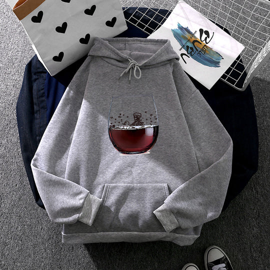 Damen nan lässiger Kapuzenhoodie mit fotorealistischer Weinglas‑Grafik, Kängurutasche und weichem Fleece Nord Taschen