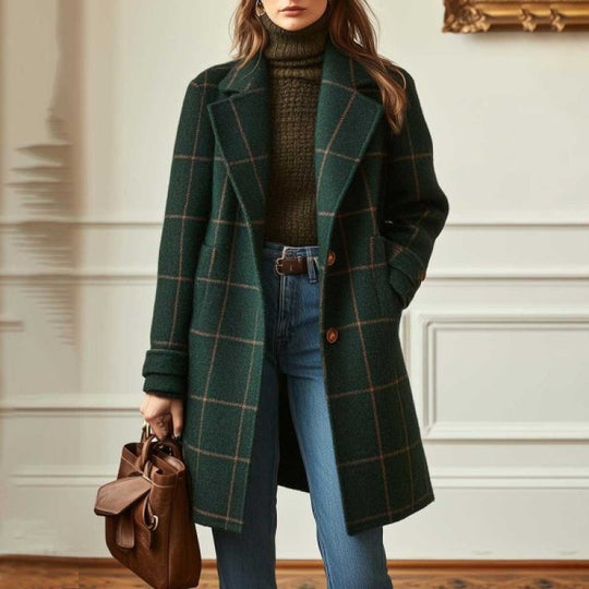 Damen Karierter Wollmix-Mantel mit Oversize-Schulter und klassischem Revers Nord Taschen