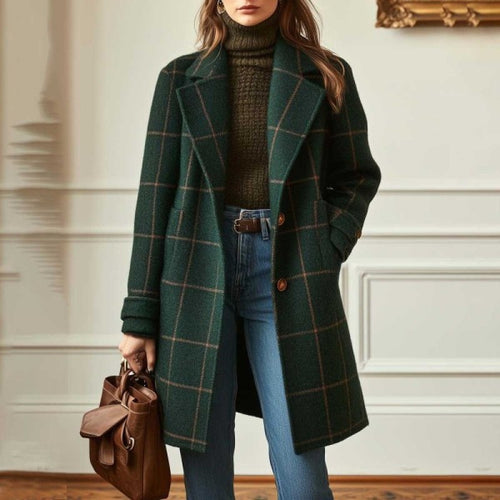 Damen Karierter Wollmix-Mantel mit Oversize-Schulter und klassischem Revers Nord Taschen