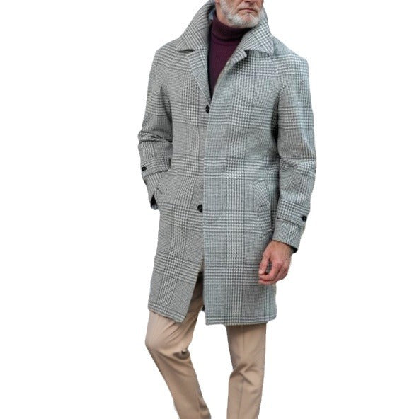 Herren Glencheck-Wollmantel mit Taillengürtel und Stehkragen Nord Taschen