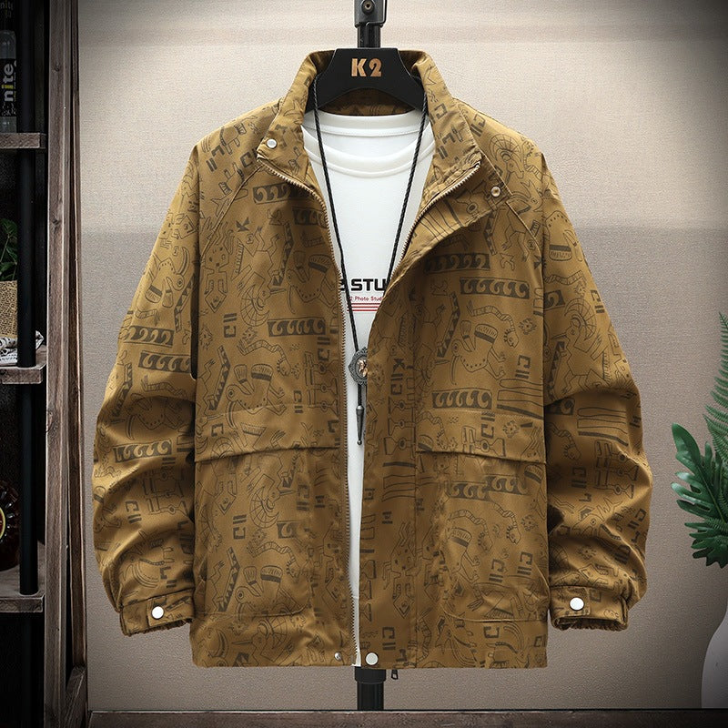 Herren leichte Overshirt-Utility-Jacke mit Allover-Print, Stehkragen & verdecktem Reißverschluss Nord Taschen