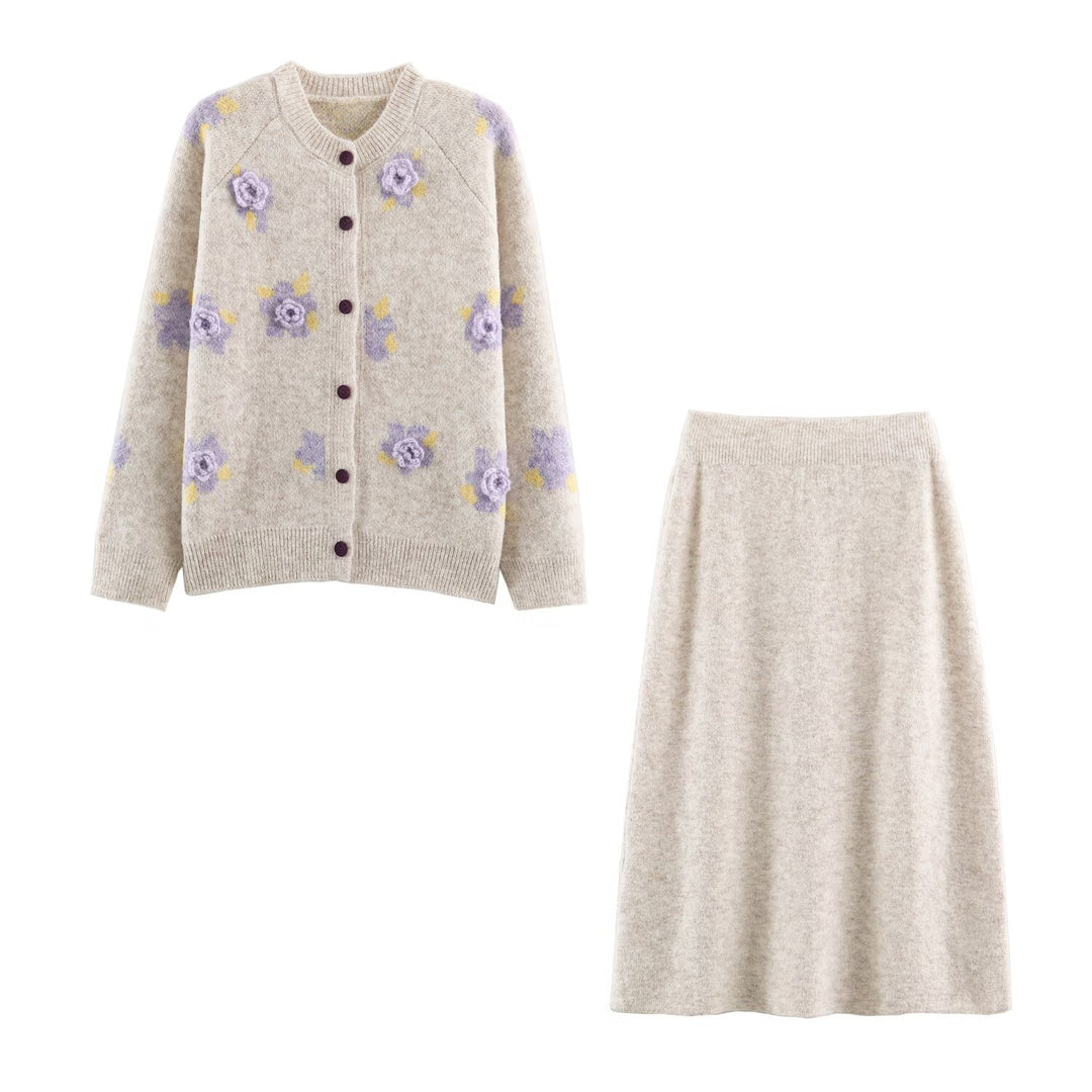 Damen Feinstrick-Zweiteiler Cardigan mit Blumen-Jacquard und tailliertem A-Linien Strickrock Nord Taschen