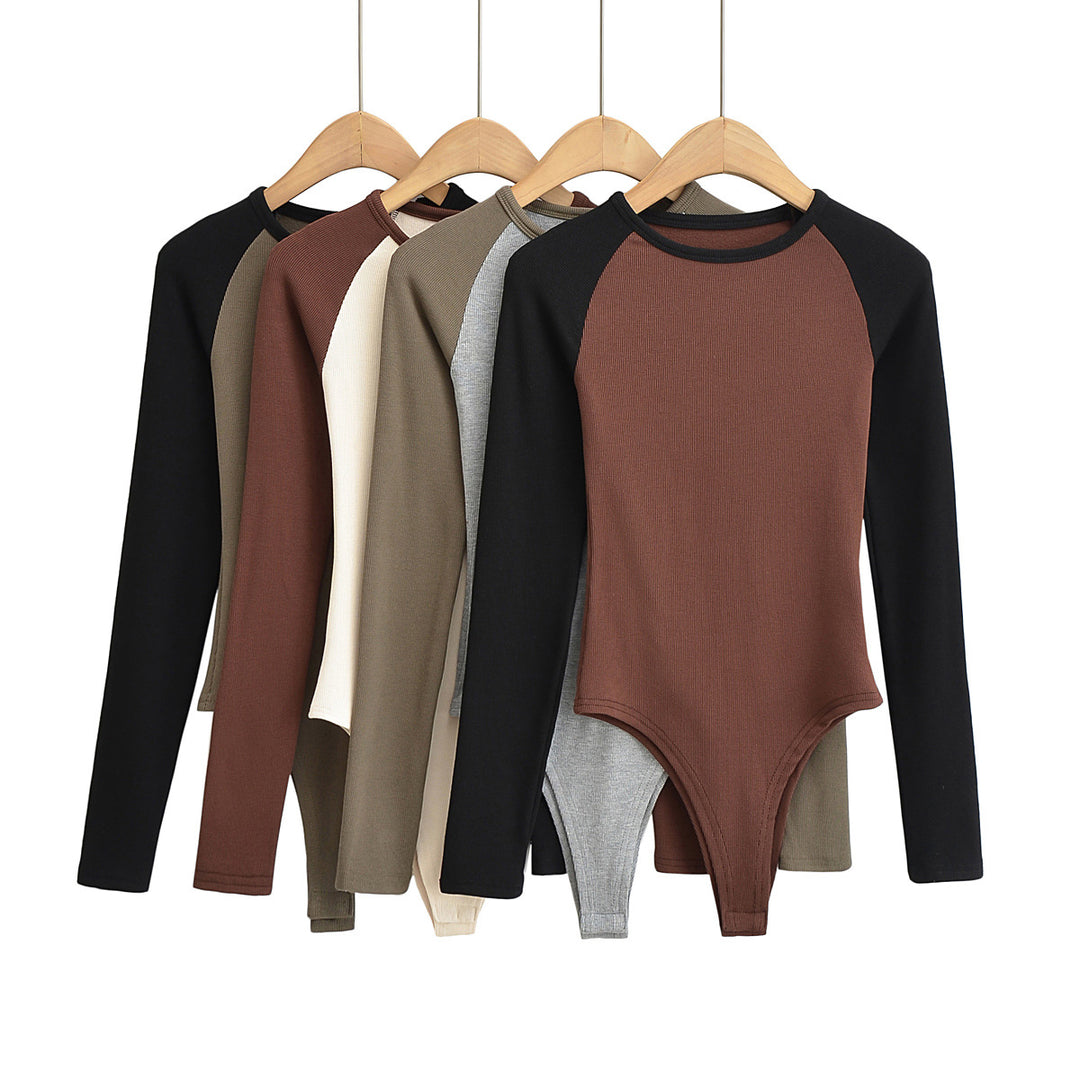 Damen Raglan-Bodysuit mit langen Ärmeln, Rippstruktur und Druckknopfverschluss Nord Taschen