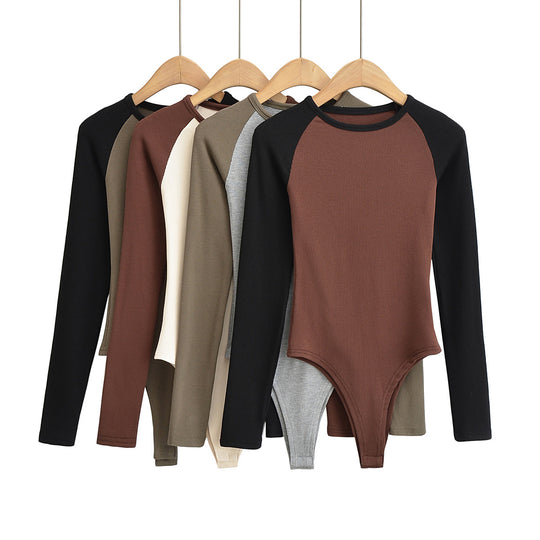 Damen Raglan-Bodysuit mit langen Ärmeln, Rippstruktur und Druckknopfverschluss Nord Taschen