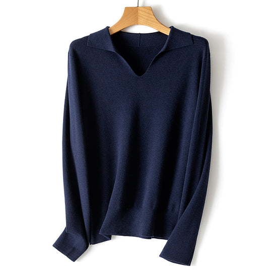 Damen feiner leichter V-Ausschnitt-Pullover mit offenem Hemdkragen und legerer Silhouette Nord Taschen