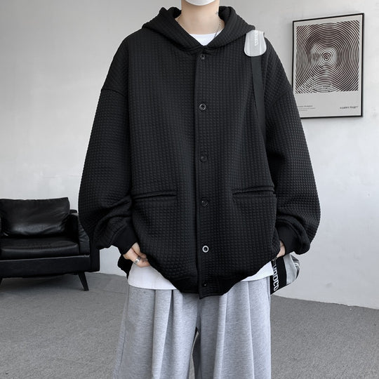 Herren Oversize-Stepp-Kapuzenjacke mit Waffelstruktur, Knopfleiste und Eingrifftaschen Nord Taschen