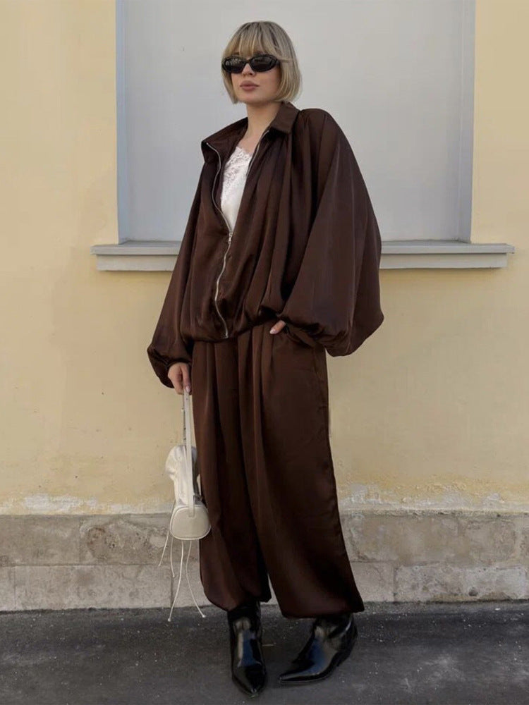 Damen Elegantes Satin-Zweiteiler-Set mit Oversize-Blouson und weiter Palazzo-Hose Nord Taschen