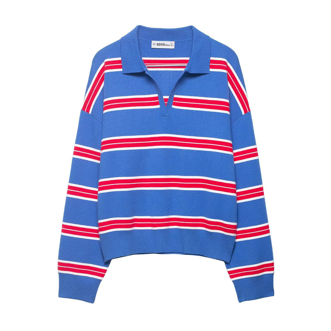 Damen Gestreifter Rugby-Polo-Pullover mit V-Notch und Cropped-Saum Nord Taschen
