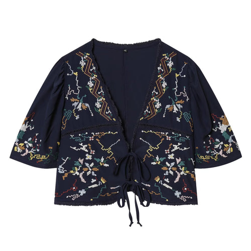Damen Bestickte Kimono‑Bluse mit Bindebändern und Zierhäkelkante Nord Taschen
