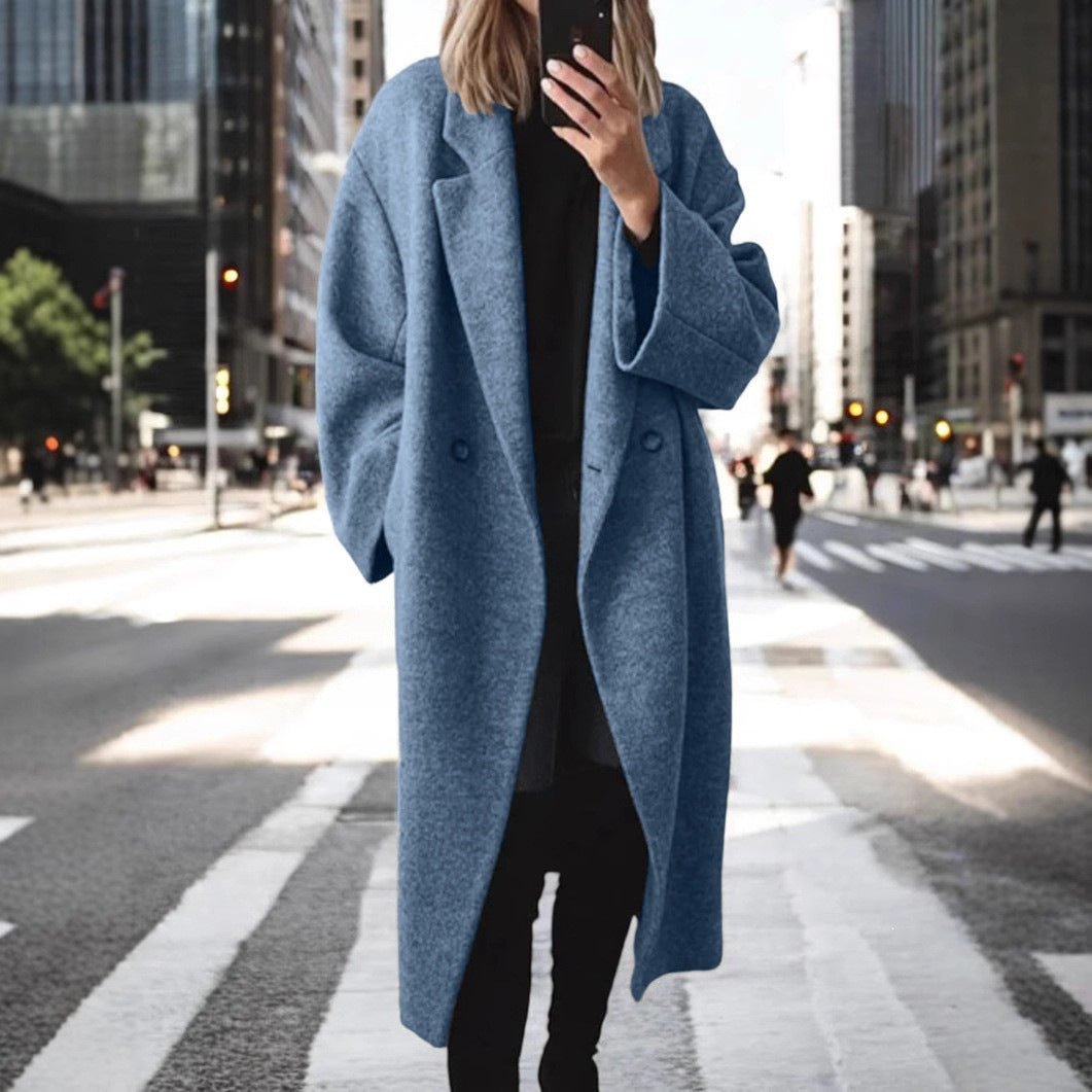 Damen Langmantel aus Wollmix mit doppelreihiger Knopfleiste und weitem Revers Nord Taschen
