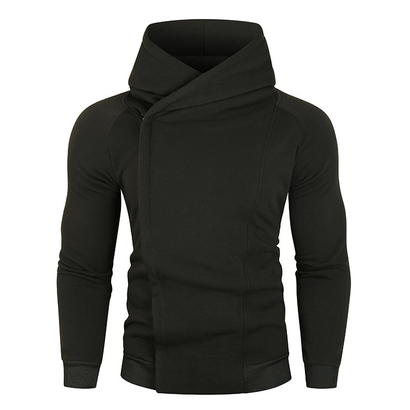 Herren asymmetrischer Kapuzenpullover mit Wickelkragen und verdeckter Knopfleiste, schlanke sportive Passform Nord Taschen
