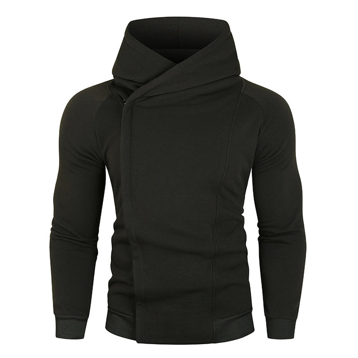 Herren asymmetrischer Kapuzenpullover mit Wickelkragen und verdeckter Knopfleiste, schlanke sportive Passform Nord Taschen
