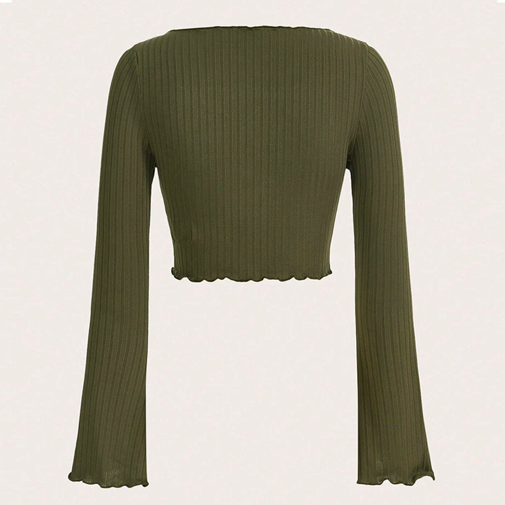 Damen fein geripptes Cropped-Longsleeve mit asymmetrischem Wellensaum und Cut-Out Nord Taschen