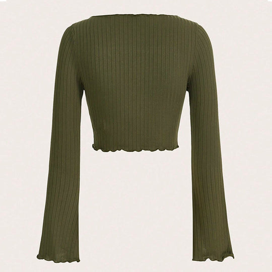 Damen fein geripptes Cropped-Longsleeve mit asymmetrischem Wellensaum und Cut-Out Nord Taschen