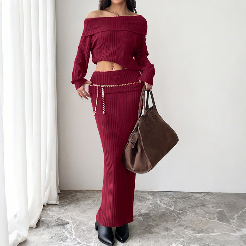 Damen Schulterfreies Rippstrick-Set mit Carmen-Ausschnitt und figurbetontem Maxi-Rock Nord Taschen