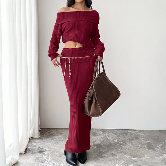 Damen Schulterfreies Rippstrick-Set mit Carmen-Ausschnitt und figurbetontem Maxi-Rock Nord Taschen