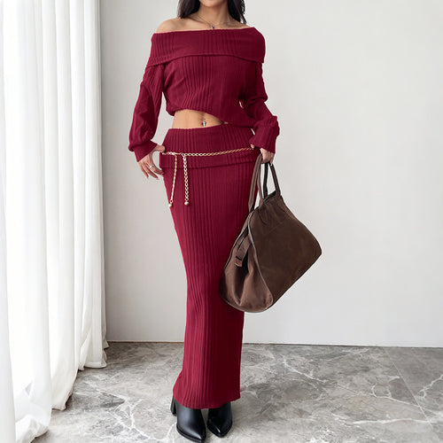 Damen Schulterfreies Rippstrick-Set mit Carmen-Ausschnitt und figurbetontem Maxi-Rock Nord Taschen