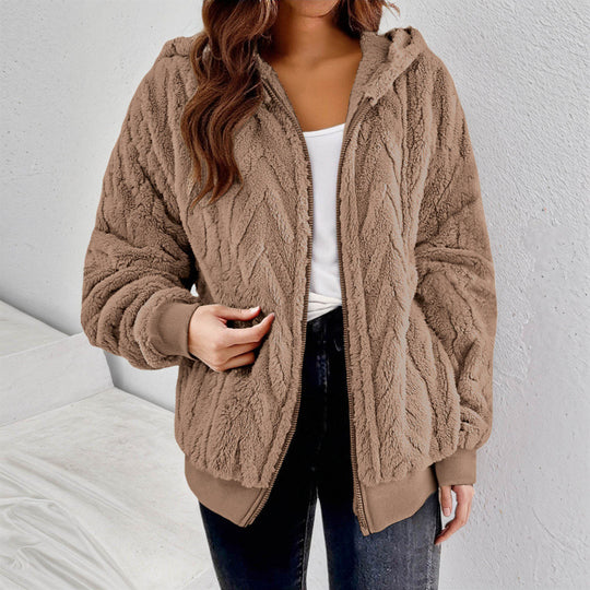 Damen Kapuzen-Teddyjacke mit Reißverschluss, weichem Plüsch und elastischem Bündchen Nord Taschen