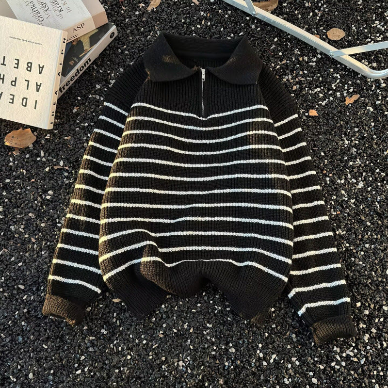 Unisex Grobgestrickter Oversize-Pullover mit halbem Reißverschluss und Polokragen Nord Taschen