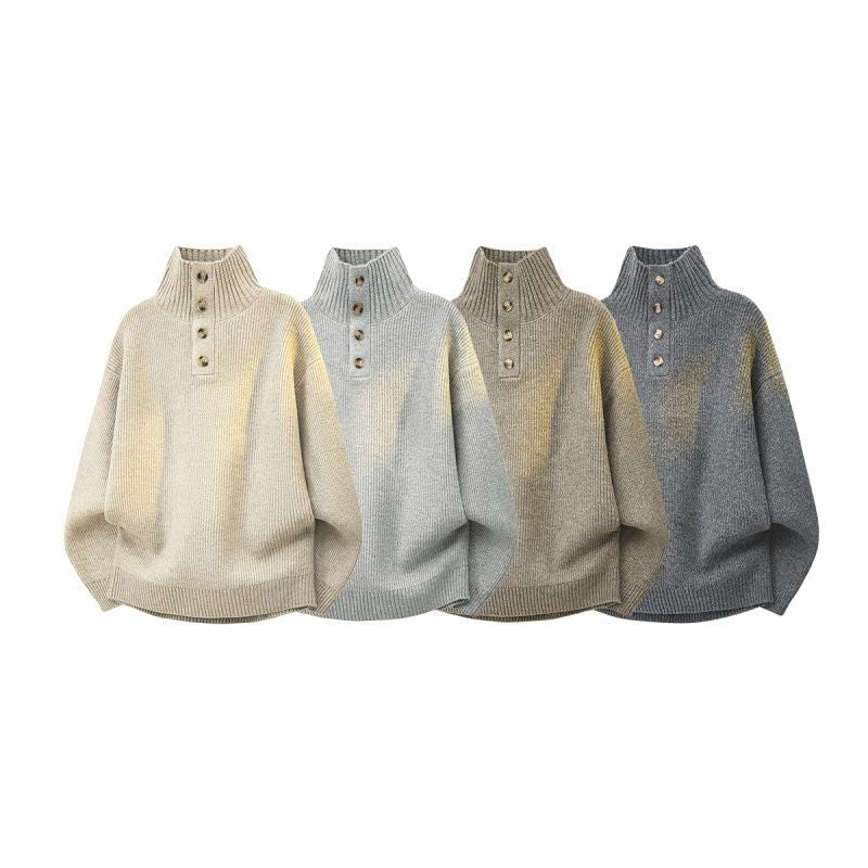 Damen Oversize Grobstrick-Pullover mit Knopfleiste am Stehkragen und Raglanärmeln Nord Taschen