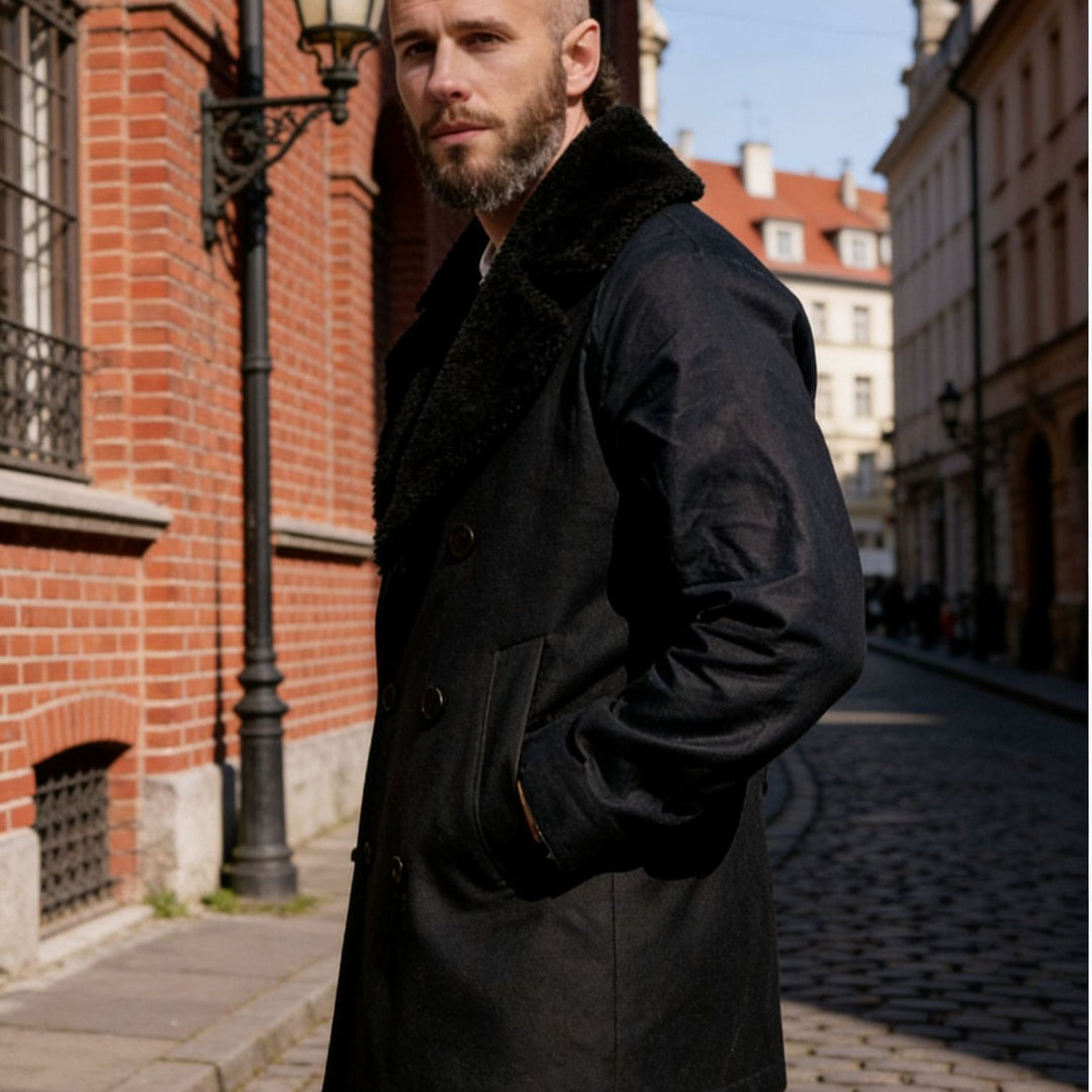 Herren Doppelreihiger Kurzmantel aus Wollmix mit großem Teddykragen Nord Taschen