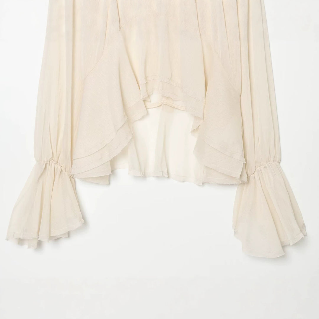 Damen Asymmetrische Volant-Bluse mit hohem Vorderteil, tiefem Rückteil und Trompetenärmeln Nord Taschen