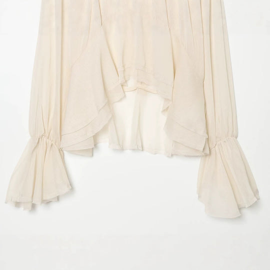 Damen Asymmetrische Volant-Bluse mit hohem Vorderteil, tiefem Rückteil und Trompetenärmeln Nord Taschen