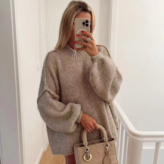 Damen Grobstrick-Pullover mit Stehkragen, überschnittenen Schultern und Ballonärmeln Nord Taschen