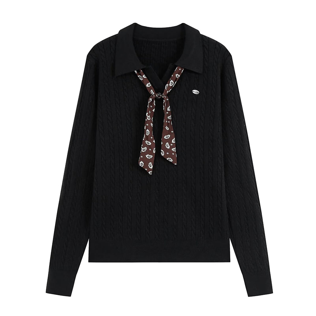 Damen Strickpullover mit Troyer‑Kragen und Zierkrawatte Nord Taschen