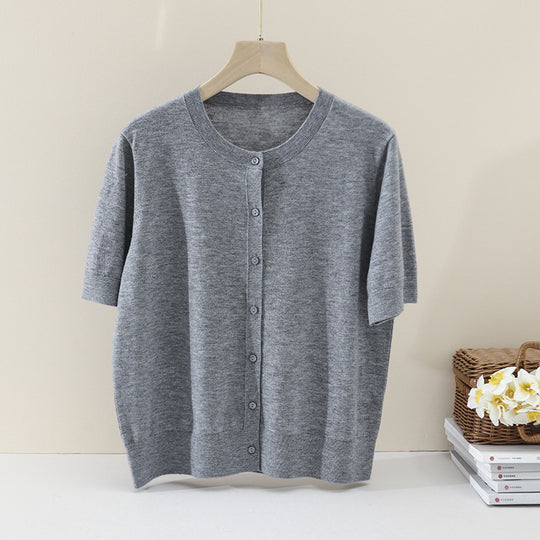 Damen Kurzarm-Feinstrick-Cardigan mit Rundhalsausschnitt und durchgehender Knopfleiste Nord Taschen