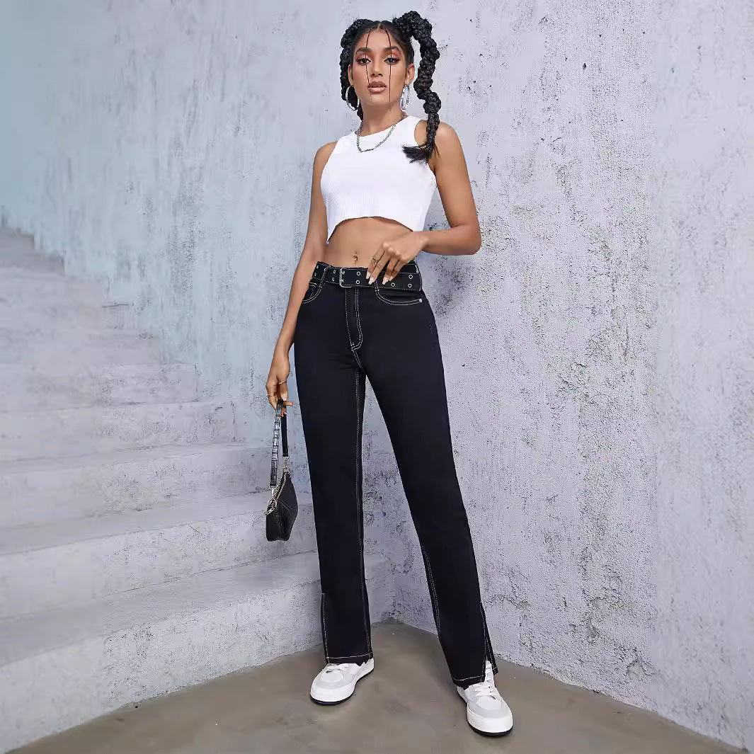 Damen High-Waist Straight-Jeans mit seitlichem Knöchelschlitz und Kontrastnaht Nord Taschen