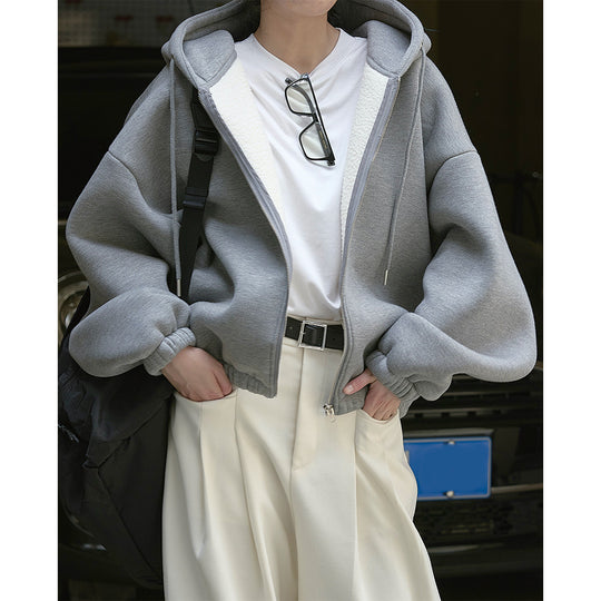 Damen Oversized Kapuzen-Zipjacke mit Teddyfutter und elastischem Saum Nord Taschen