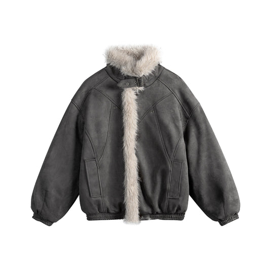 Damen Kurz geschnittene Velours‑Imitat Bomberjacke mit Teddybesatz und verstellbarem Halsriemen Nord Taschen