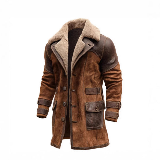 Herren Langer Shearling-Mantel aus Wildleder mit Lederbesatz Nord Taschen