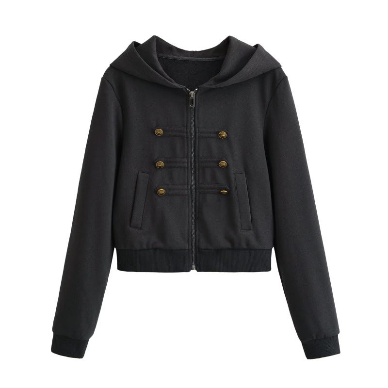 Damen Cropped Kapuzenblouson im Military‑Look mit Zierknopfleiste und geripptem Saum Nord Taschen