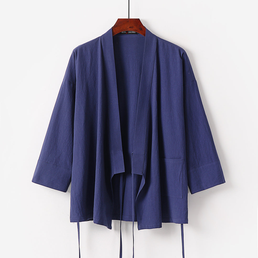 Damen Kimono-Cardigan aus Baumwoll-Leinen mit dreiviertelärmeln Bindegürtel und aufgesetzten Taschen Nord Taschen