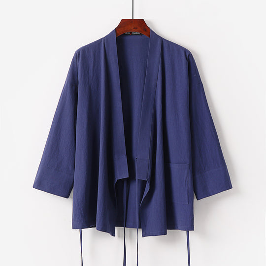 Damen Kimono-Cardigan aus Baumwoll-Leinen mit dreiviertelärmeln Bindegürtel und aufgesetzten Taschen Nord Taschen