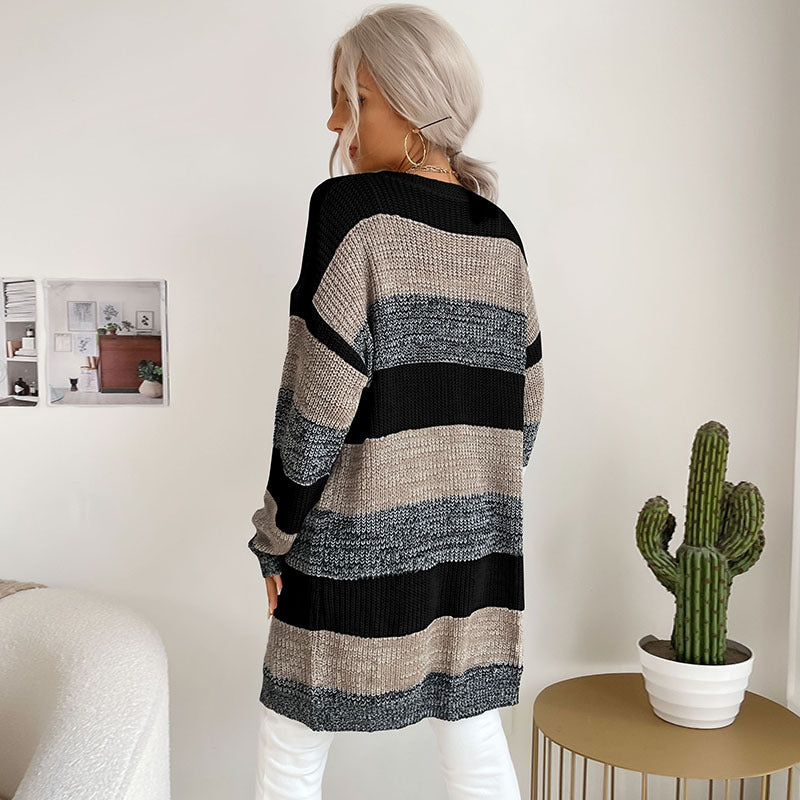 Damen Lässiger Strickmantel mit Streifen Nord Taschen