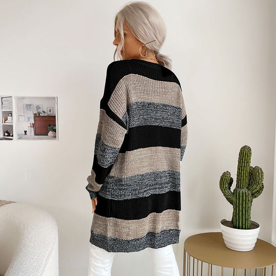 Damen Lässiger Strickmantel mit Streifen Nord Taschen