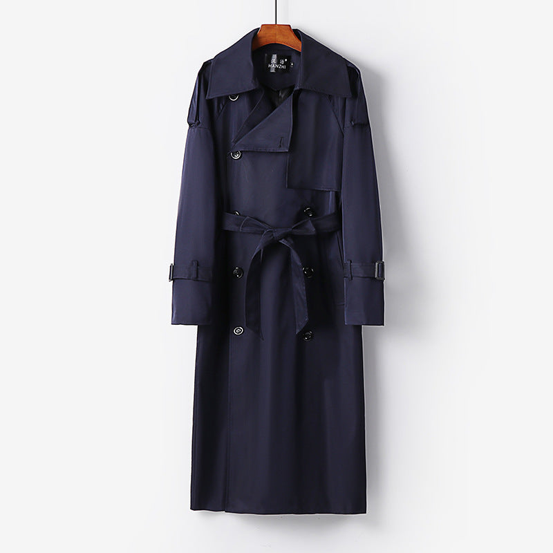 Damen Langer Doppelreihiger Trenchcoat mit Bindegürtel und Epauletten Nord Taschen