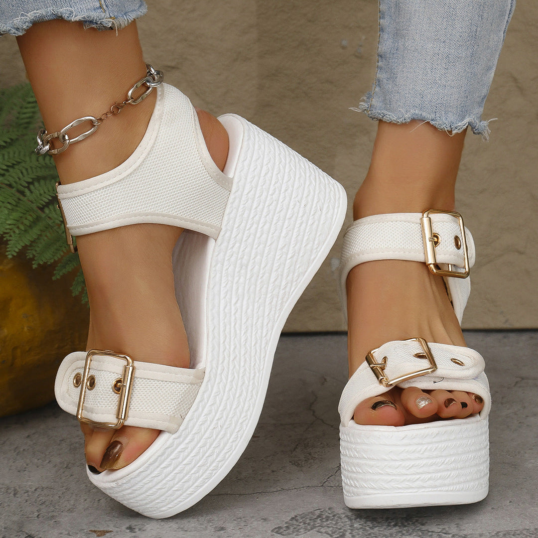 Damen Keil-Sandalen mit verstellbarem Riemen und exquisitem Bast-Design