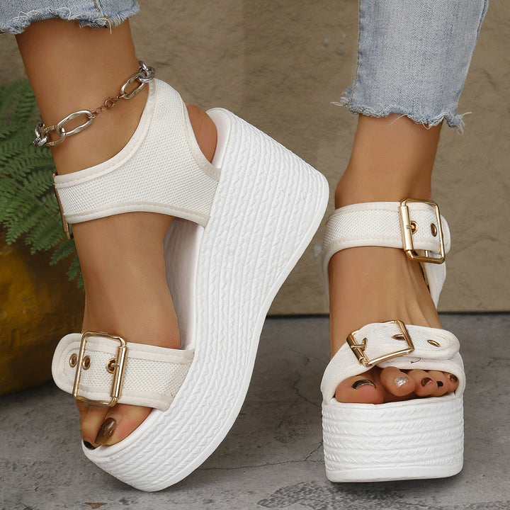 Damen Keil-Sandalen mit verstellbarem Riemen und exquisitem Bast-Design